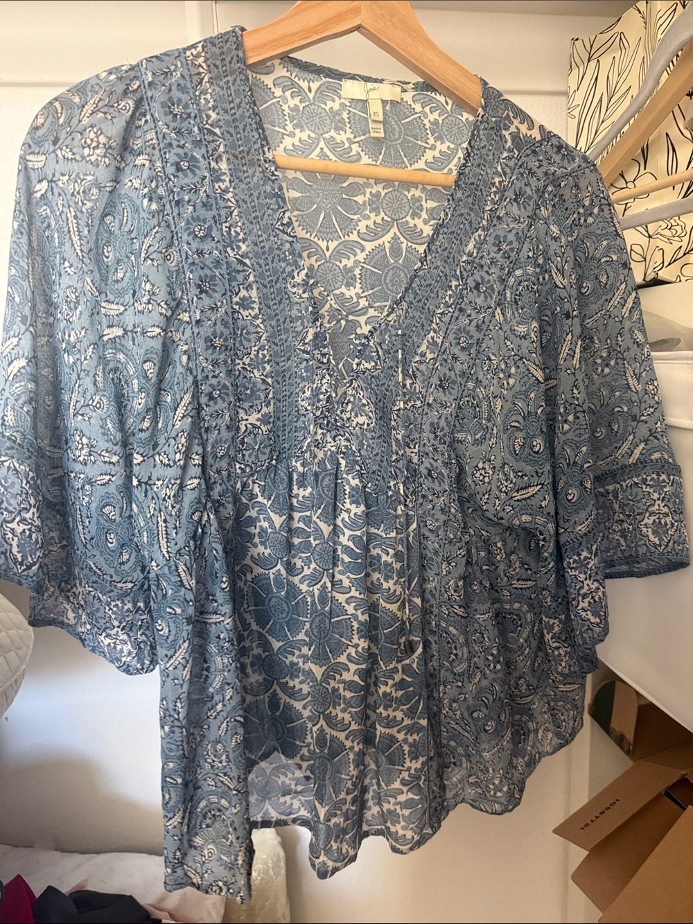 Joie Blue Printed V-Neck Peasant Blouse